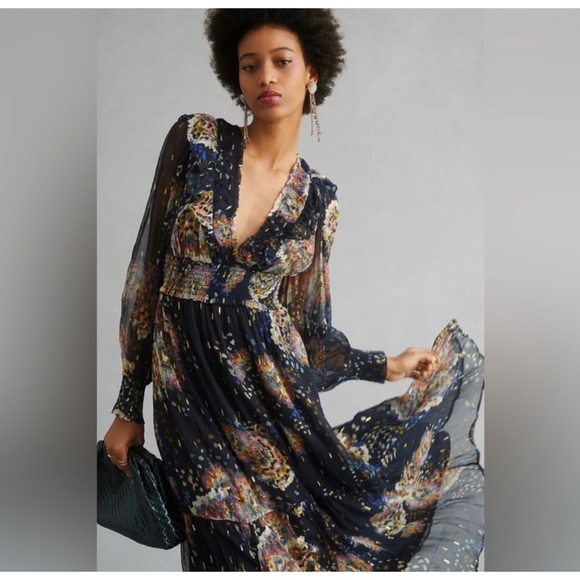 ANTHROPOLOGIE SMOCKED V
NECK MAXI DRESS Missing Tie In The Back - Picture 1 of 10